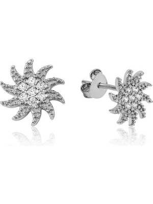 Inure Jewelry Gümüş Beyaz Taşlı Güneş Çivili Küpe