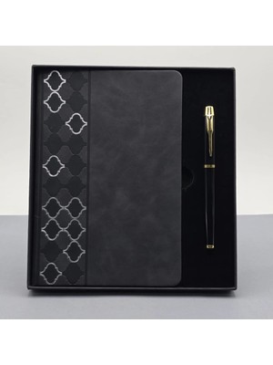 Livenda Desenli Siyah Deri Defter Kalem Set