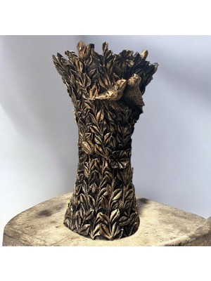 PremiumPort Şık Gold Eskitme Dekoratif Polyester Kuşlu Dik Vazo 25 cm