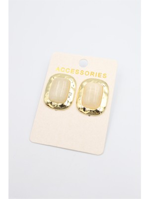 Royaleks Taşlı Metal Küpe - Krem