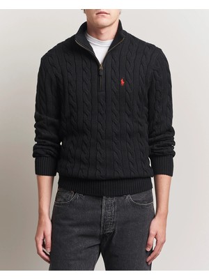 Polo Ralph Lauren Erkek Örgü Dokulu Yarım Fermuar Siyah Triko Kazak