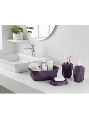 Padilon Geometrik Tasarımlı 4’lü Banyo Seti Sabunluk Diş Fırçalık, Sıvı Sabunluk Sepetlik