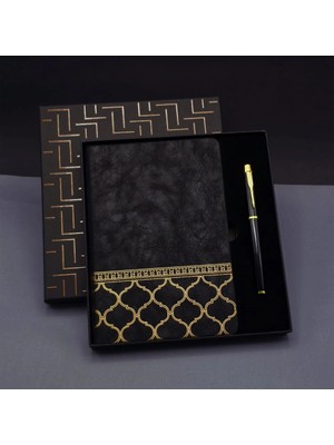 Livenda Gold Desen Siyah Deri Defter Kalem Set