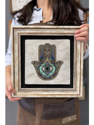 PremiumPort Şık Çerçeveli Taş Duvar Dekoru 30X30 Cm, Nazarlık ve Sadakat Çizimi