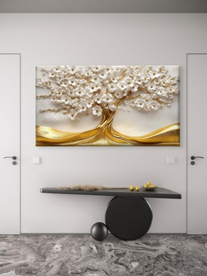 PremiumPort Çiçek Temalı Kanvas Tablo, Altın Detaylı Ağaç Tasarımı, Dekoratif Sanat Parçası