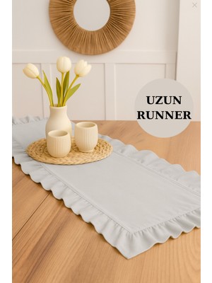 PremiumPort Gri Fırfırlı Keten Runner, 40X150 Cm, Şık ve Doğal Dekorasyon Ürünü