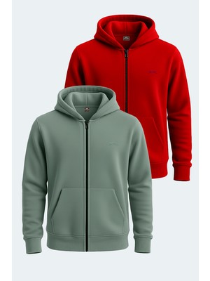 Slazenger Samson 2 Li Set Erkek Fermuarlı Kapüşonlu Cepli Haki - Bordo Sweatshırt