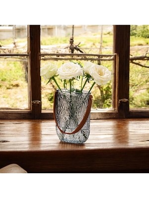 PremiumPort Şık Gri Deri Kulplu Cam Vazo, Dekoratif ve Zarif Tasarım