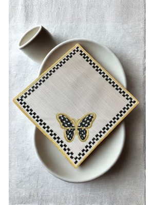 PremiumPort 6'lı Keten Kahve Yanı Kokteyl Lüks Sunum Peçetesi, Nakış Işlemeli