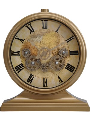 Gfc Life Store Modern Kadranlı Döner Çarklı 32X28 cm Ev ve Ofis Masa ve Duvar Saati Roma Rakamlı Harita Baskılı Gold