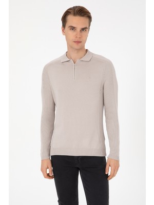 U.S. Polo Assn. Erkek Slim Fit Yarım Fermuarlı Polo Yaka Taş Kazak 50315806-VR049