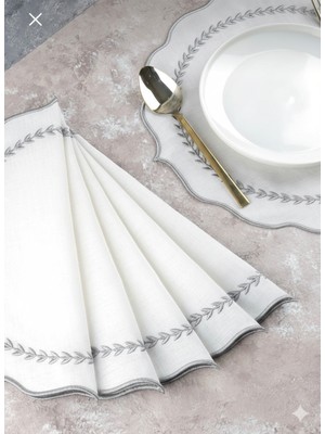 PremiumPort 6'lı Nakışlı Keten Amerikan Servis Seti, Şık ve Zarif Masa Dekoru