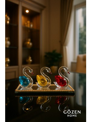 PremiumPort Şık 3'lü Kristal Kuğu Dekoratif Seti, Zarif Hediyelik ve Süs Eşyası