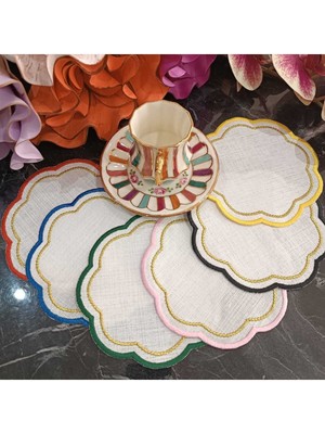 PremiumPort Renkli Simli Nakış Detaylı 6 Adet Kokteyl ve Kahve Peçetesi Seti