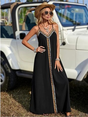 Stelol Kadın Askılı V Yakalı Etnik Şerit Detaylı Uzun Viskon Elbise