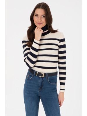 U.S. Polo Assn. Kadın Lacivert Çizgili Balıkçı Yaka Kazak 50317984-VR033