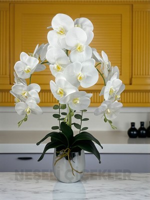 PremiumPort 55CM Yapay Orkide, 3 Dallı, Gümüş Metal Saksı, Şık Masa Dekoru