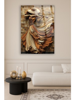 PremiumPort Sanatsal Keman Çalan Kadın Cam Tablo, 3D Rölyef ve Canlı Renkler