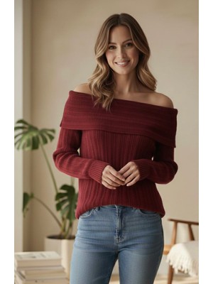 Abba1 Yumuşak Dokulu Degaje Madonna Yaka Fitilli Triko Kazak