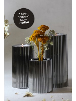 PremiumPort 3'lü Füme Krom Tırtıklı Yüzey Tealight Mumluk Dekoratif Set
