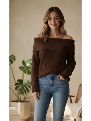 Abba1 Yumuşak Dokulu Degaje Madonna Yaka Fitilli Triko Kazak