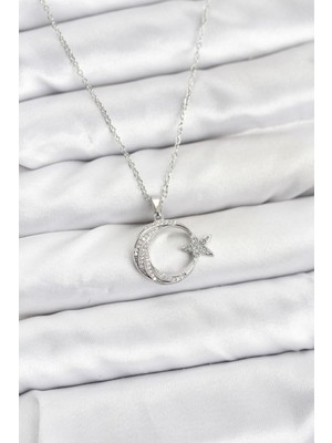 Freedom Store 316L Çelik Zincir Gümüş Renk Ay Yıldız Model Zirkon Taşlı Kadın Kolye