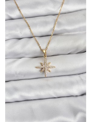 Freedom Store 316L Çelik Zincir Gold Renk Kutup Yıldızı Model Zirkon Taşlı Kadın Kolye