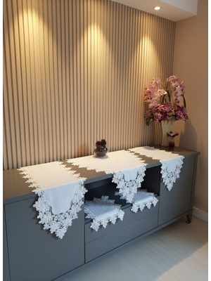 PremiumPort Bahar Dalı Desenli Keten Sehpa Örtüsü 5'li Lüks Takım