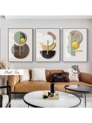 PremiumPort Modern 3'lü Metal Çerçeveli Gerçek Camlı Tablo Seti, Şık Dekorasyon