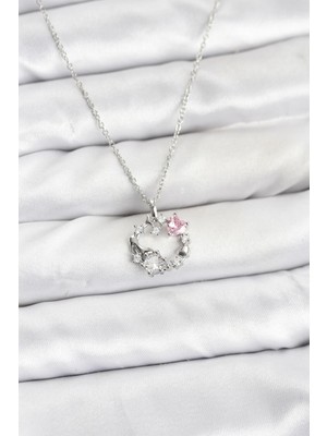 Freedom Store 316L Çelik Zincir Gümüş Renk Pembe Taş Detaylı Çelenk Model Kadın Kolye