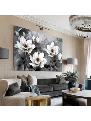 PremiumPort Derin Gri Tonlarda Yağlı Boya Çiçek Tablosu, Zarif ve Şık Dekorasyon Parçası