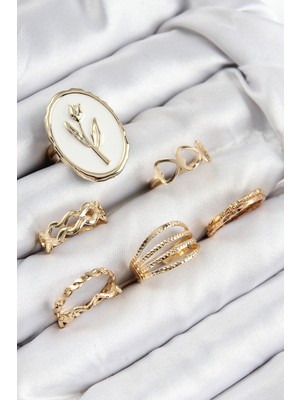 Net Damla Pirinç Zirkon Taşlı Lale Model Gold Renk Kadın Yüzük Kombin Set