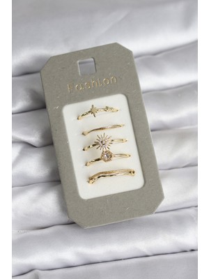 Net Damla Pirinç Gold Renk 5'li Yüzük Seti