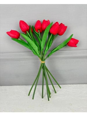 PremiumPort 8'li Yapay Islak Lale Buketi, Canlı Kırmızı, Şık ve Dayanıklı Çiçekler