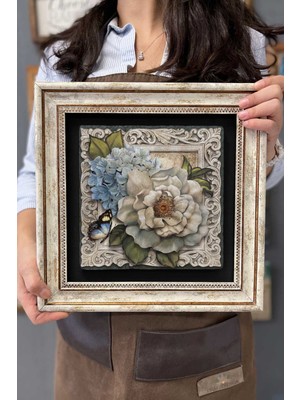 PremiumPort Renkli Çerçeveli Taş Duvar Dekoru, 30X30 Cm, Kelebek ve Çiçek Tasarımı