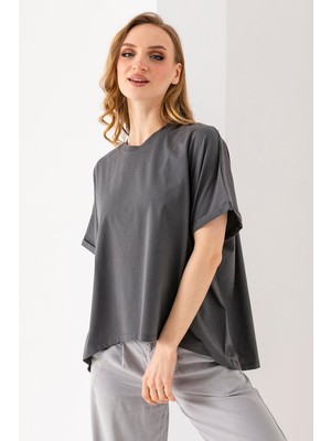 Giysa Kadın Bisiklet Yaka Basic Oversize T-Shirt Antrasit - 925004