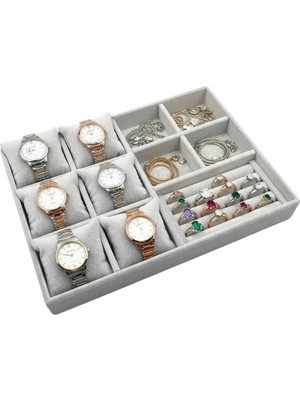 Feyza Design Gri Süet Kaplama Yastıklı Mix Çekmece Içi Takı Düzenleyici