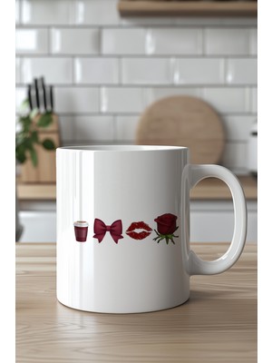 YasBey Design Romantik Kahve Fiyonk Dudak Gül Desenli 330ML Baskılı Beyaz Seramik Kupa Bardak