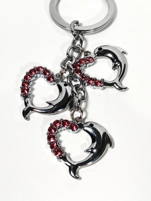 Moncuk Design Pembe Taşlı Kalp Şeklinde Yunus Balıklarından Metal Anahtarlık