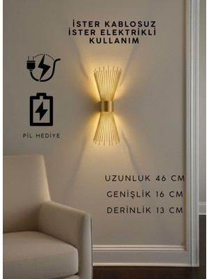 PremiumPort Modern Lüks Duvar Aplik, Gold Detaylı, Pilli ve Elektrikli Şık Tasarım