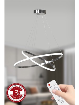 PremiumPort 3 Renk Kumandalı Büyük Krom Gümüş LED Avize, Modern ve Şık Tasarım