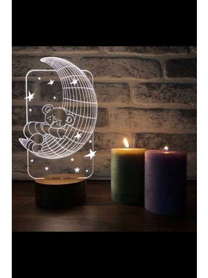 PremiumPort Ay Figürlü Dekoratif LED Masa Lambası, 7 Renkli Işık, Ahşap Taban