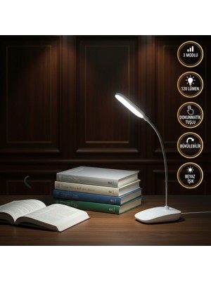 PremiumPort Beyaz Üç Modlu Şarjlı USB Masa Lambası Dokunmatik Düğmeli