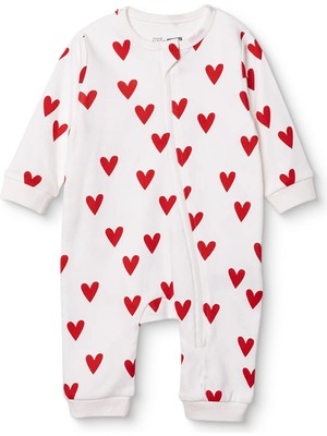 Hellobaby Hellobaby Kız Bebek Patiksiz Tulum Kalp Baskılı Fermuarlı Bisiklet Yaka Uzun Paça Uzun Kol