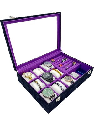 Feyza Design Şık Siyah Süet Bileklik ve Takı Kutusu, Mor Iç Kaplama, Zarif Tasarım
