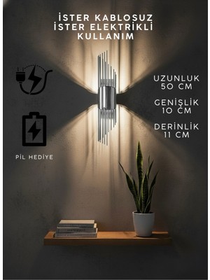 PremiumPort Krom Gümüş Modern Lüks Elektrikli Pilli Aplik, Şık ve Şık Tasarım