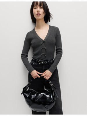 Marks & Spencer Parıltılı V-Yaka Fiyonk Detaylı Bluz