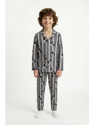Penti Gri Erkek Çocuk Mickey Fam Uzun Kollu Düğmeli Pamuklu Gömlek Pijama Takımı