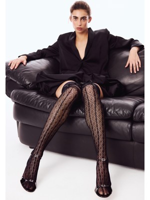 Penti Siyah Diamond Line File Jartiyer Çorabı