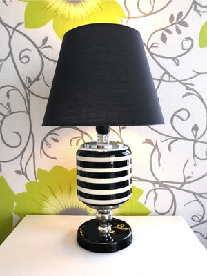 PremiumPort Seramik Oval Siyah Abajur, Klasik Zebra Desenli, Şık ve Zarif Aydınlatma